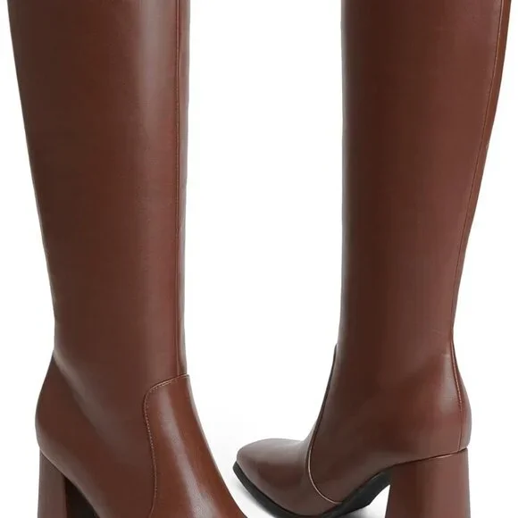 Women Knee High Boots Faux Leather Chunky Heel Square Toe Zipper Long Boots - Picture 4 of 9